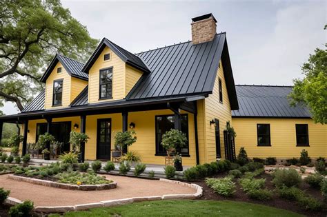 yellow house with black metal roof|yellow house with metal roof.